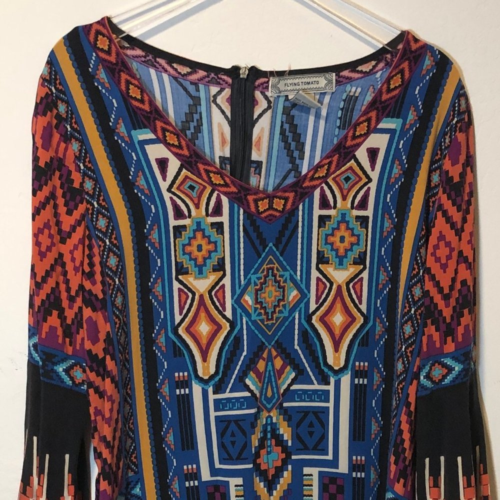 Flying Tomato Womens Large Tunic Multicolor Tribal Pattern Bell sleeves Retro